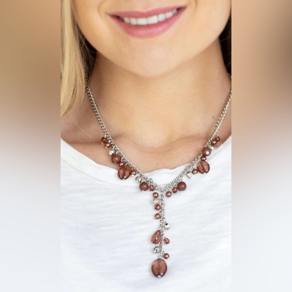 Brown beaded Y style silver necklace